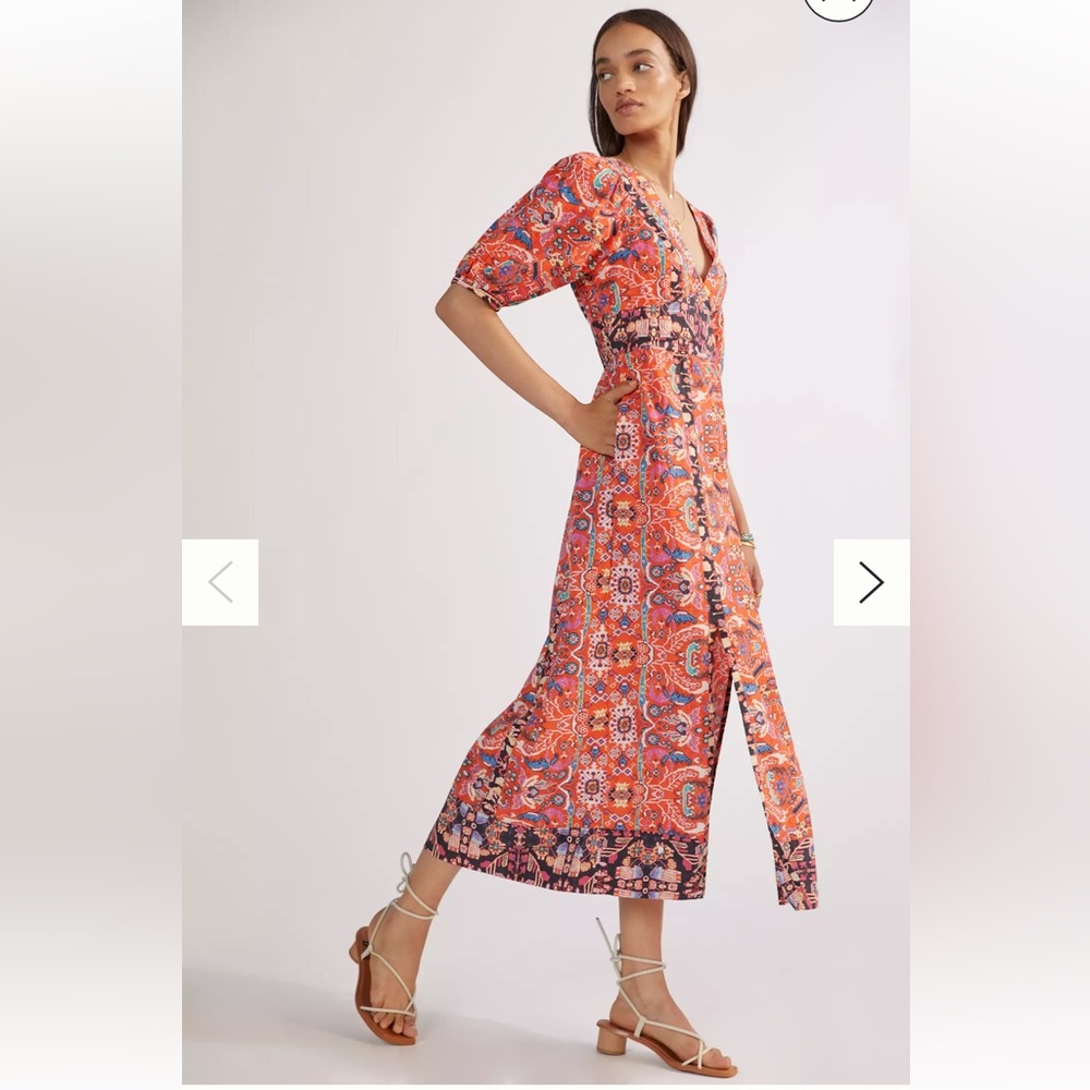 Anthropologie Orange Red‎ Floral Tribal Print Maxi Dress size 6